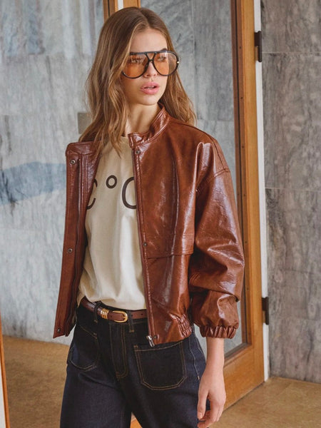 Cognac Faux Leather Bomber Jacket by Co Couture