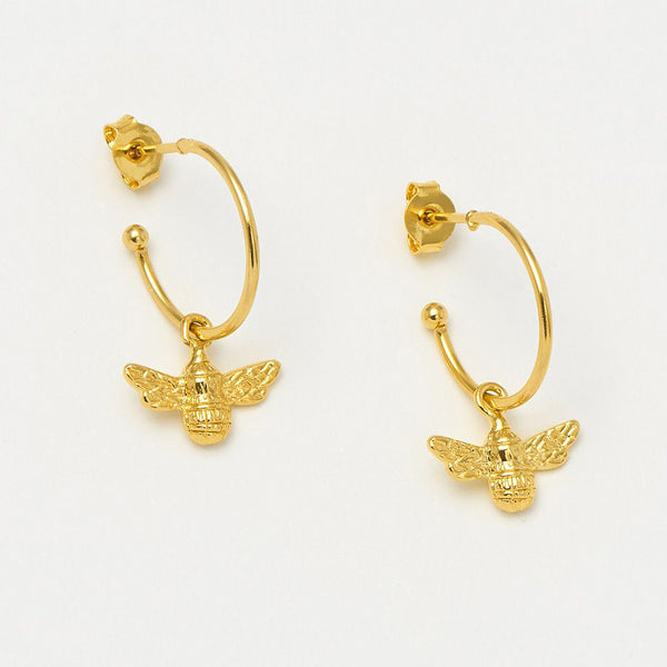 Gold Plated Bee Drop Hoop Earrings by Estella Bartlett